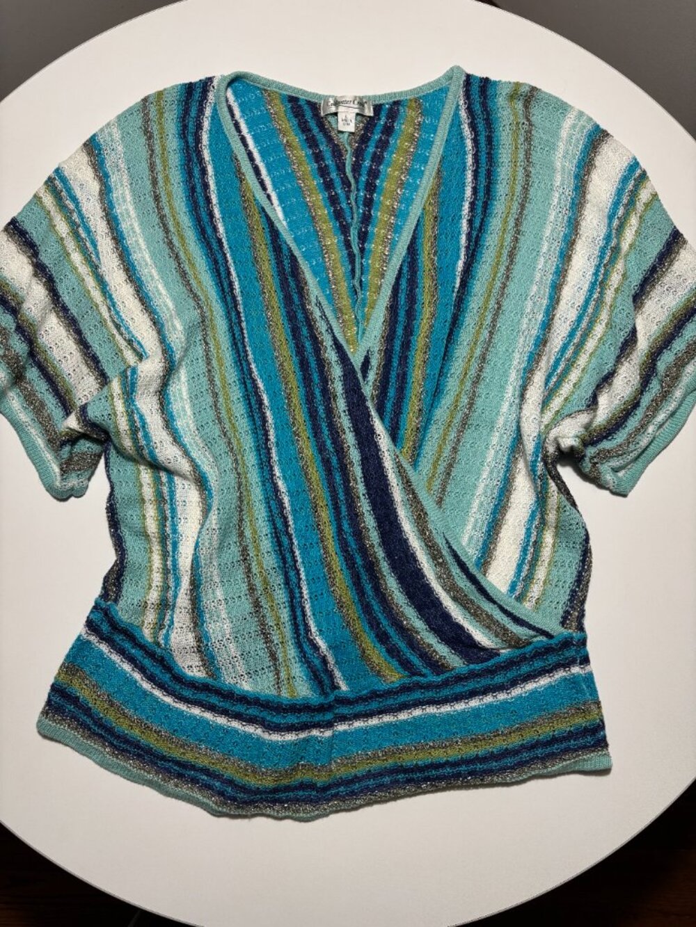 Coldwater Creek Blue & Green Summer Siren Cotton & Ramie Open Front Knit Top - Picture 2 of 7